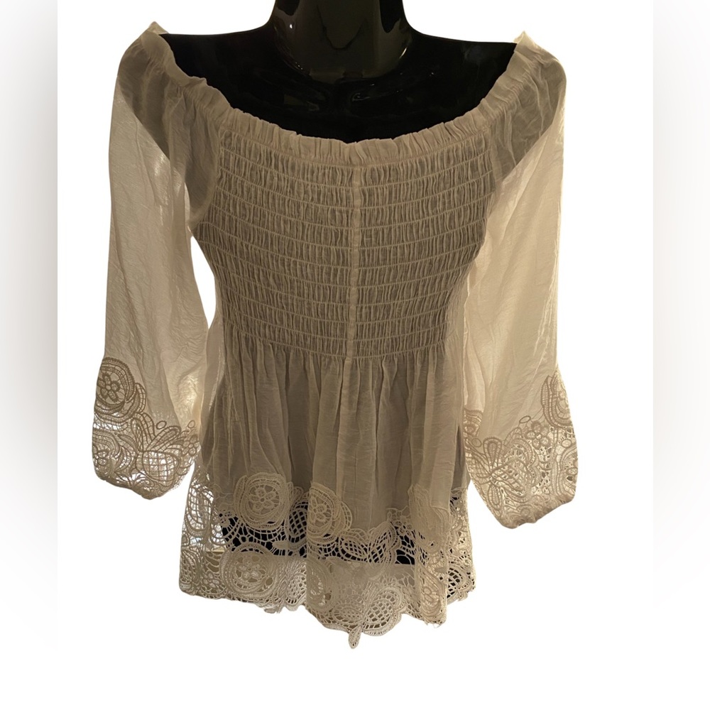 Charlotte Russe Small White Shirred Lace Embellished Off Shoulder Baby Doll Top